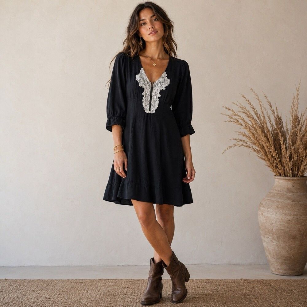 Black V-Neck Mini Dress White Lace Zip Whimsigoth Witchy Western Sz Small